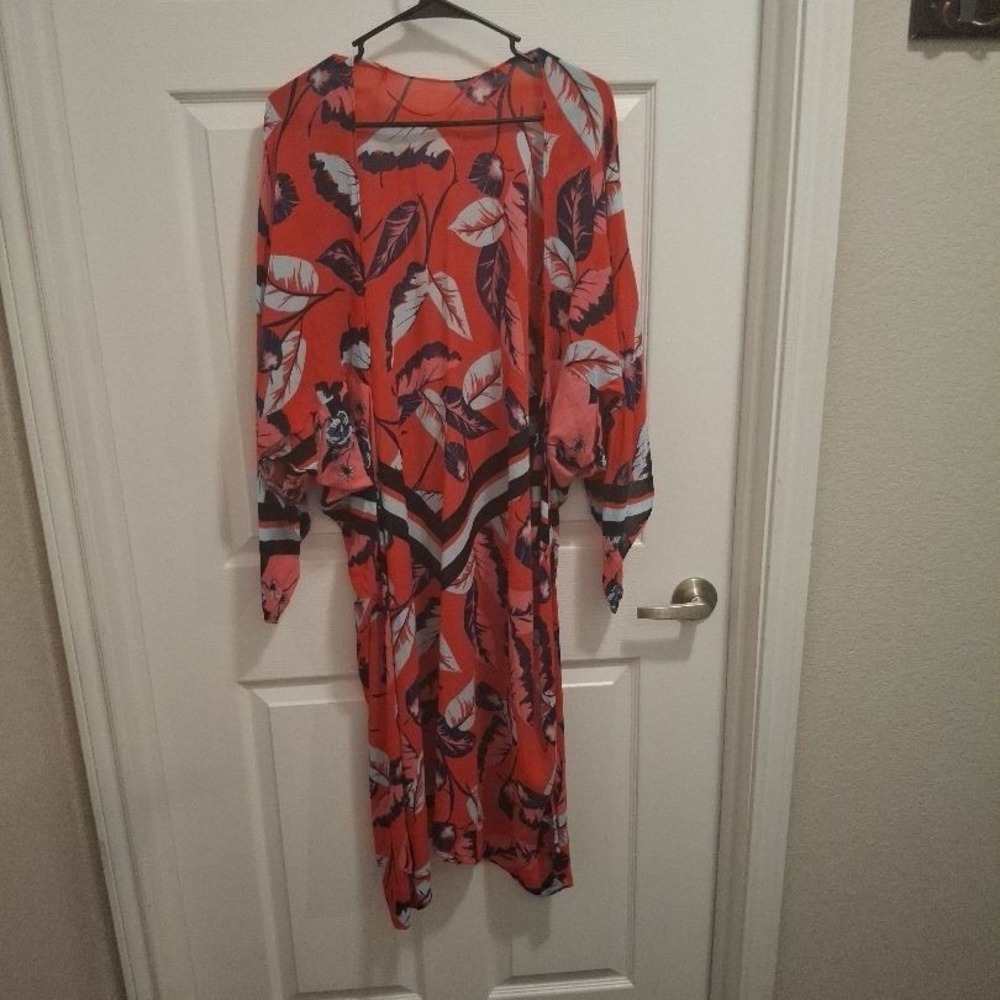Unbranded One Size Red Blue Tropical Leaf Loose Resort Kimono Coverup